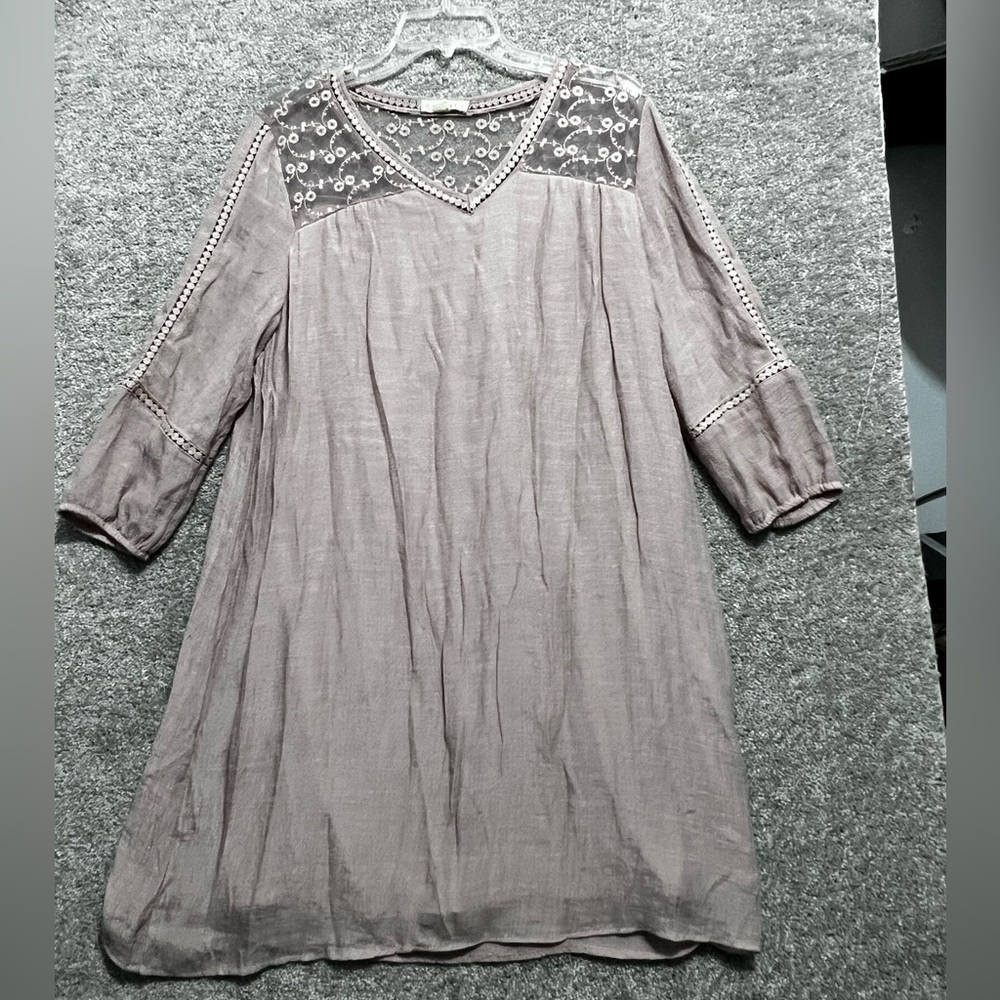 Indigo Rose Womens A Line Dress Beige Lined Boho Embroidered Lace V Neck Large